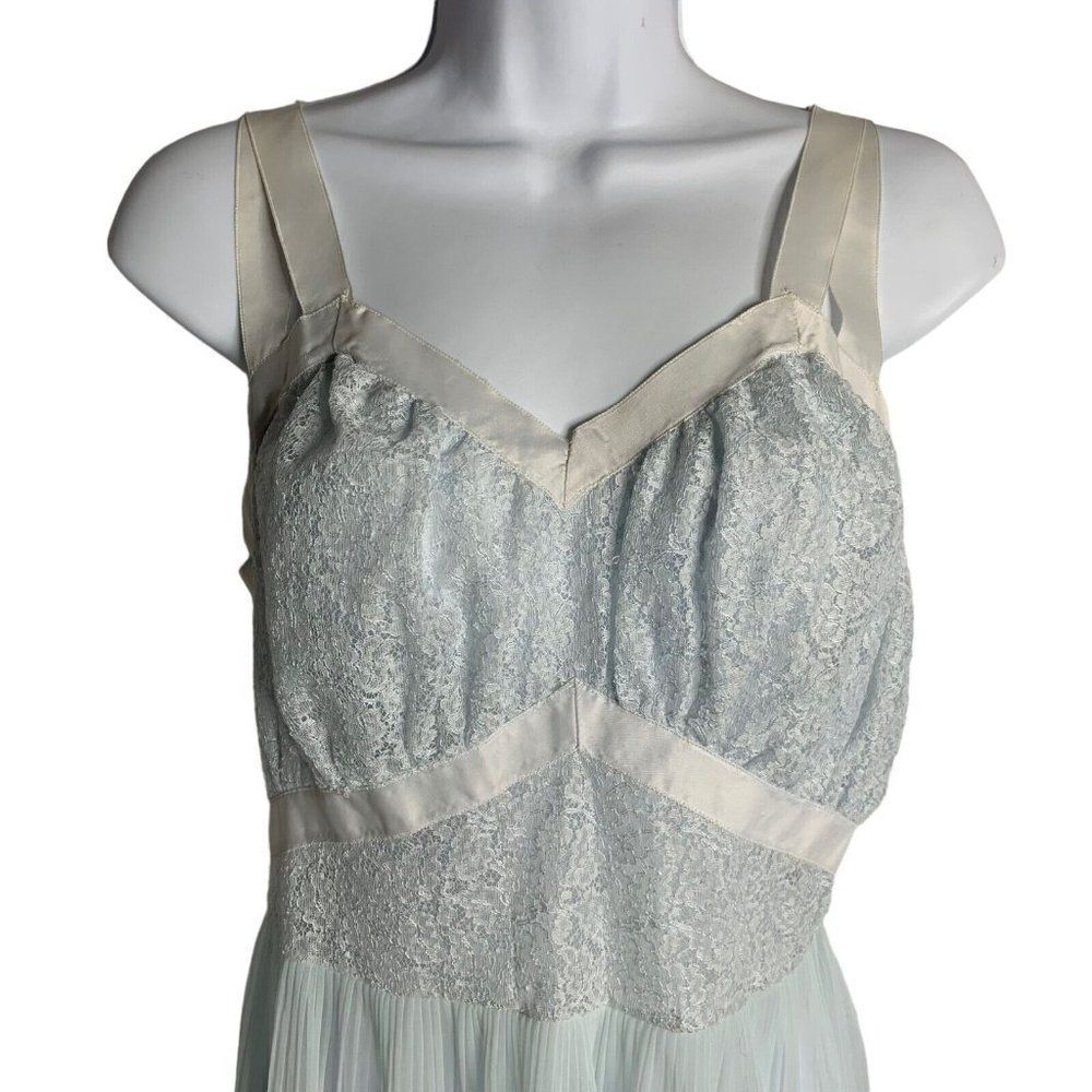 Vintage 50s Sheer Nightgown Lingerie S Light Blue Lace Accordian Pleats Maxi - Picture 2 of 7